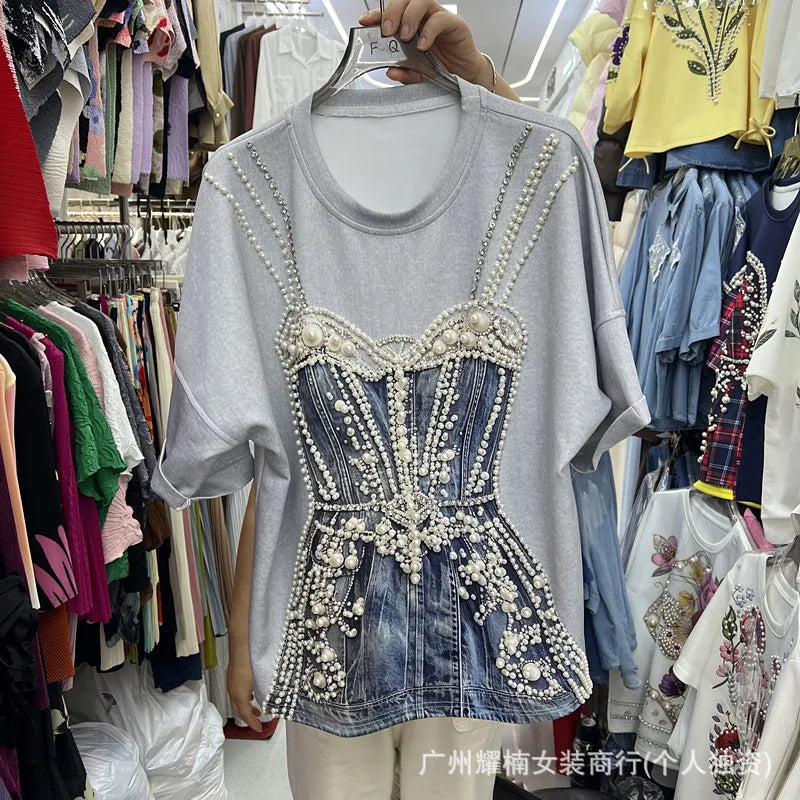 Colorblock Plaid Short Sleeve Female T-shirt Luxury Beading Round Neck Pullover Top All-match Spring Summer Women Casual Tees