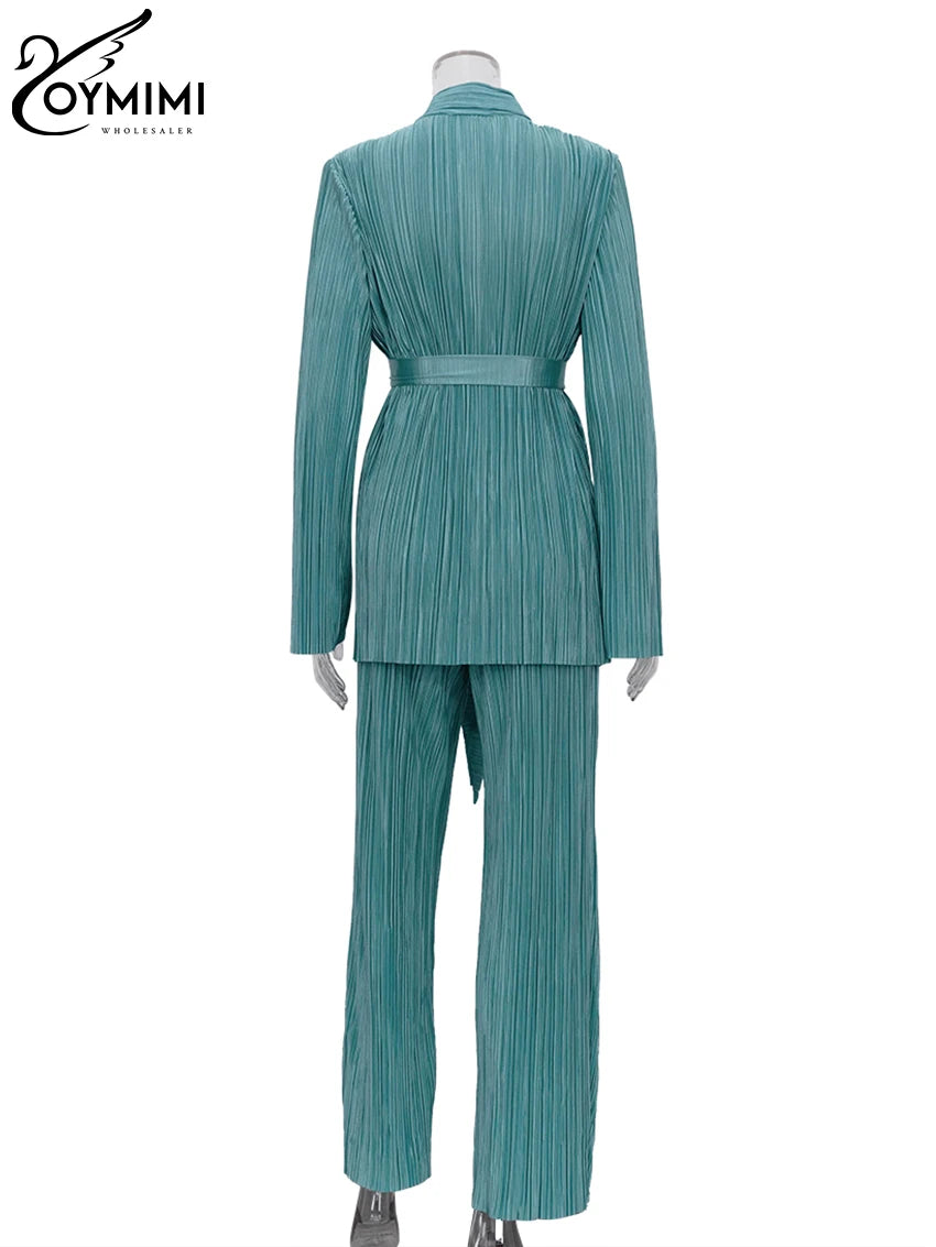 Oymimi Sexy Black Pleated 2 Piece Sets Women Outfit Fashion Loose Slit Long Sleeve Lace-Up Top With High Waist Pants Set Female