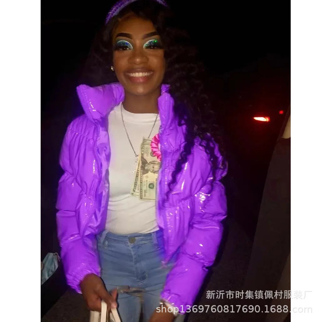 Shiny High Neck Cropped Winter Puffer Jacket for Women