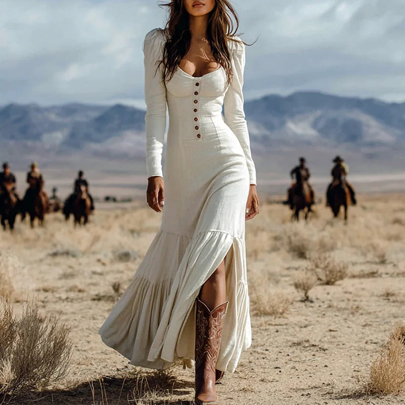 Retro Solid Color O Neck Chest Wrap Desert Dress Button Design High Waist Slim Robe Dress Autumn Fashion Long Sleeve Split Dress