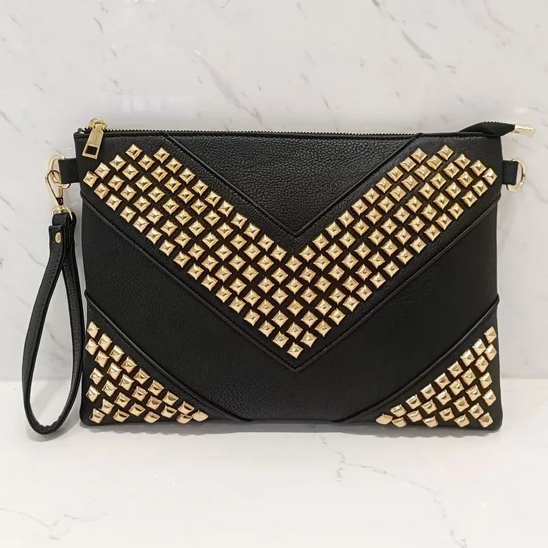 Gleaming Rivet Detail Envelope Clutch Bag for Women