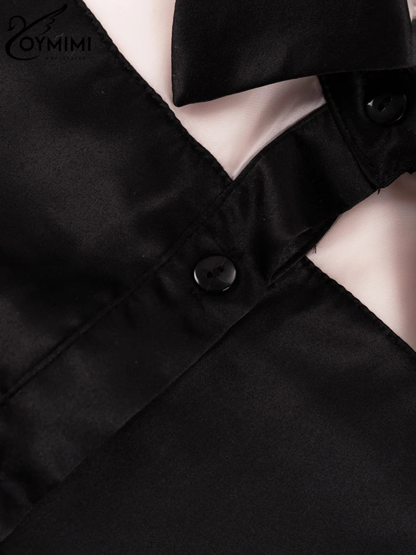 Oymimi Fashion Black Satin Patchwork 2 Piece Set Women Outfit Streetwear Long Sleeve Shirt With High Waist Pant Sets Y2k Clothes