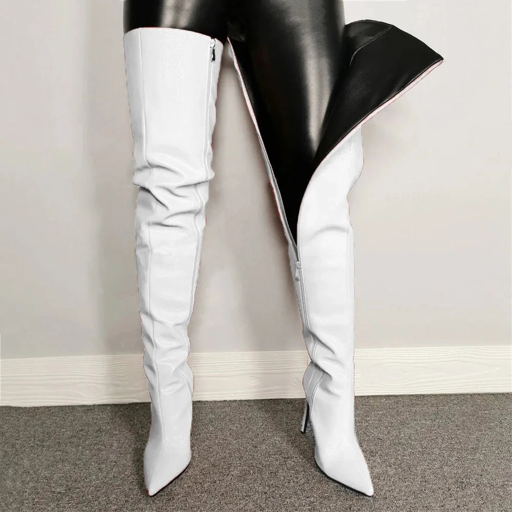 Fashion Leather Side Zipper Pointed Toe Stiletto Over The Knee Boots for Women