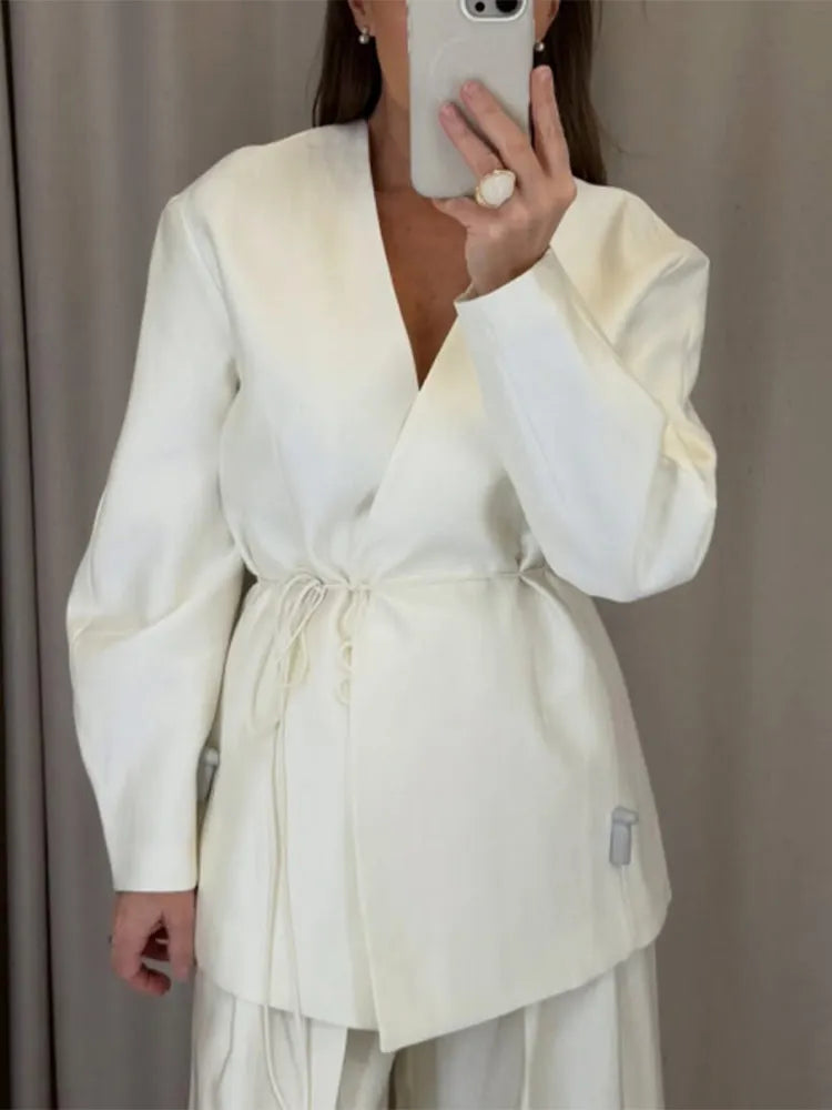 Lace Up Jacket and Wide Leg Pants Suit Set for Women