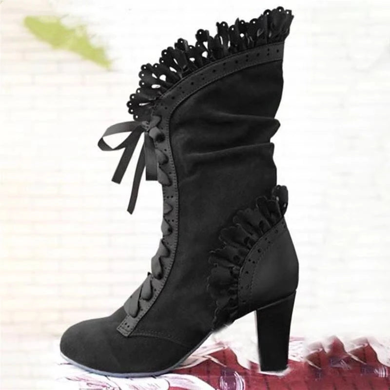 Vintage Lace Up Ruffle Hoof Heel Knee High Boots For Women