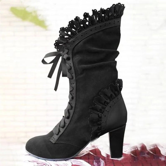 Lace Up Ruffle Knee Boots