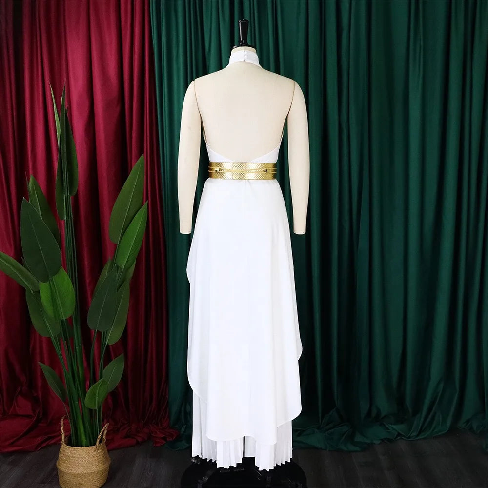2 Pieces Pants Sets Womens Outfits Blouse Extra Long Sleeveless Backless Belt Waisted & Wide Leg Pants Pleated Floor Length Sets