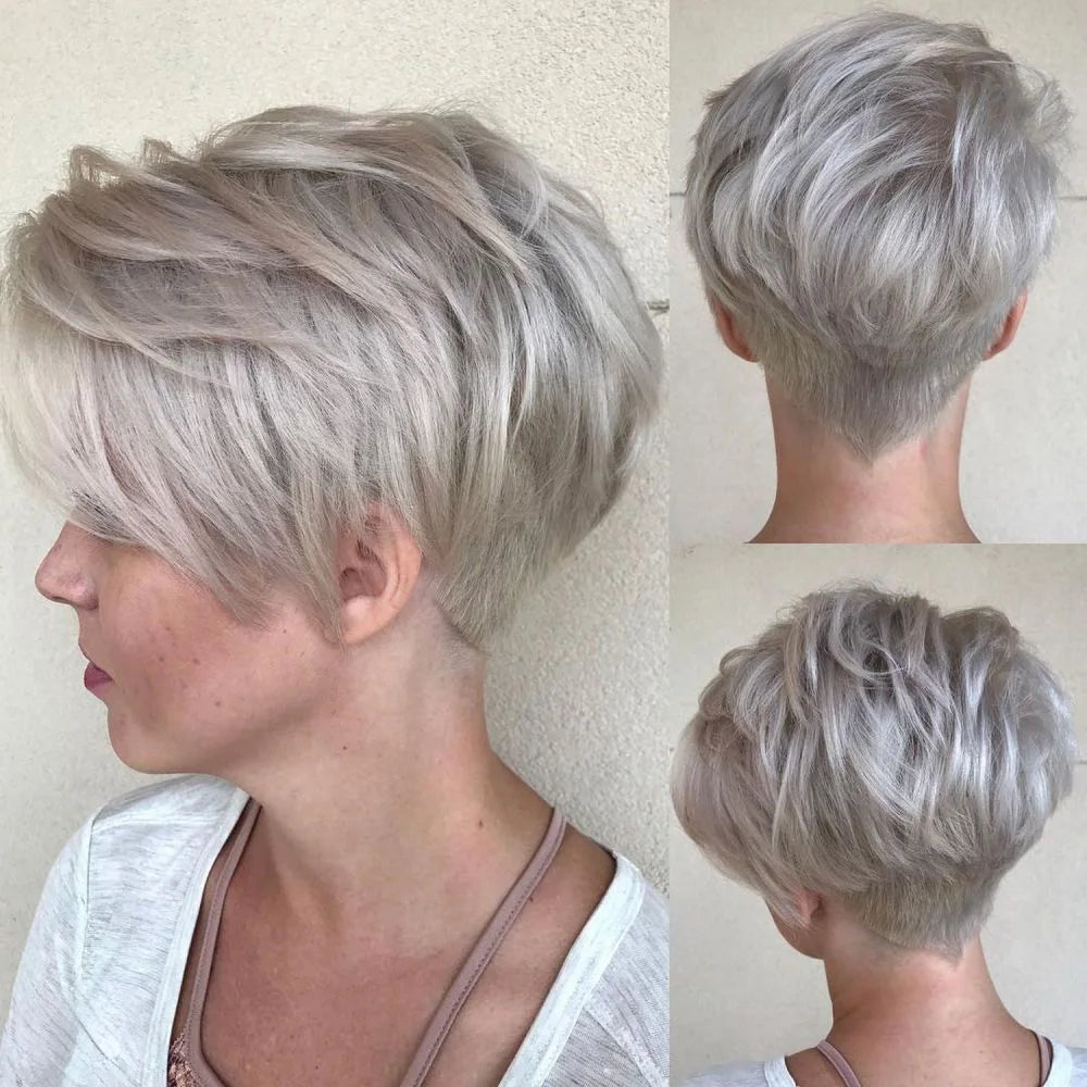 Grey Pixie Cut Human Hair Wig With Bangs For Women