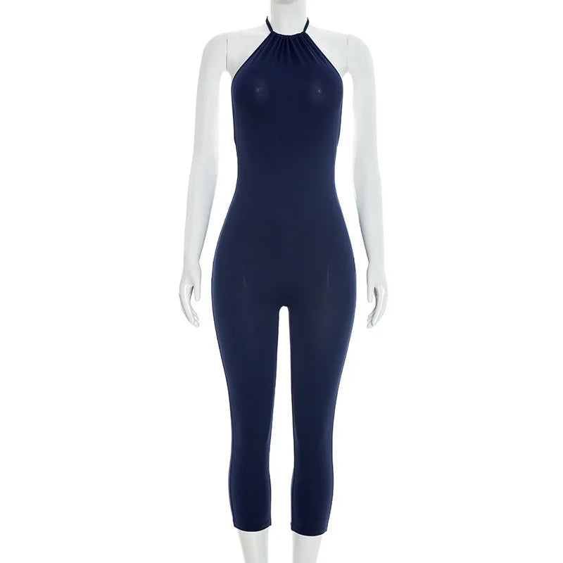 Backless Ruched Halter Neck Capri Jumpsuit for Women