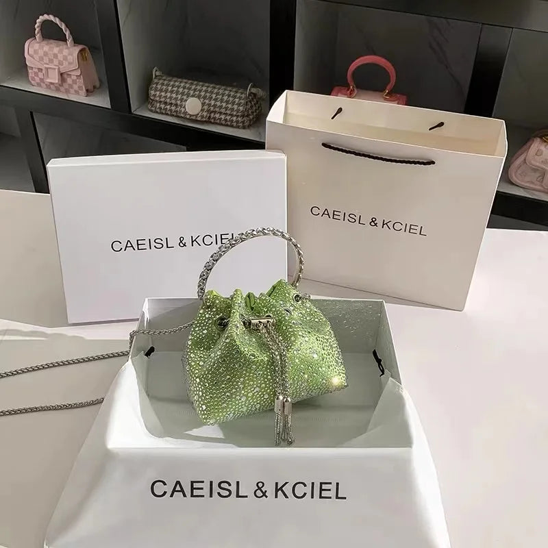 Crystal Shiny Diamonds Bucket Bag Fashion Women Handbag Metal Ring Handle Evening Bag Wedding Party Clutch Purse Crossbody Bag