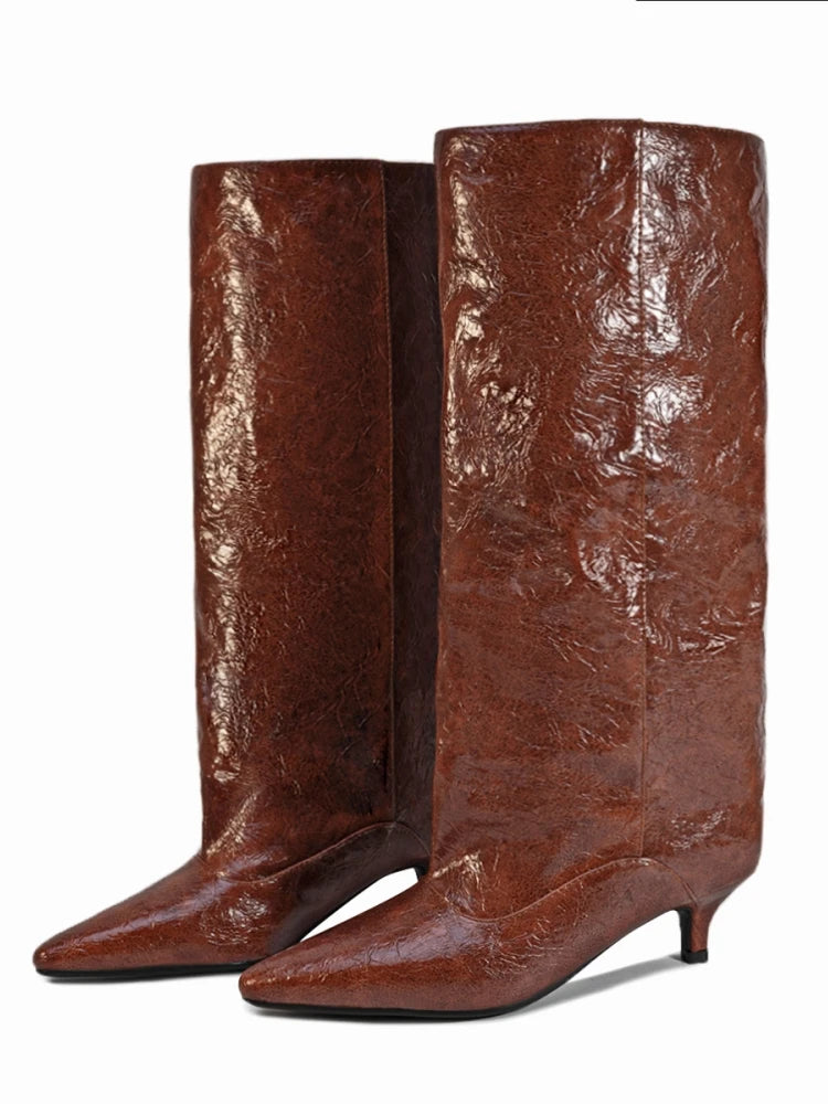 Crocodile Print Wide Shaft Kitten Heel Knee High Boots for Women