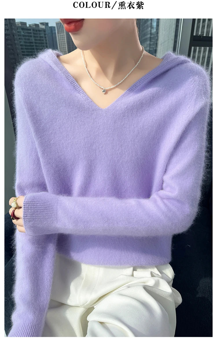 Loose Fit Thick Knit Hooded V-Neck Sweater for Women