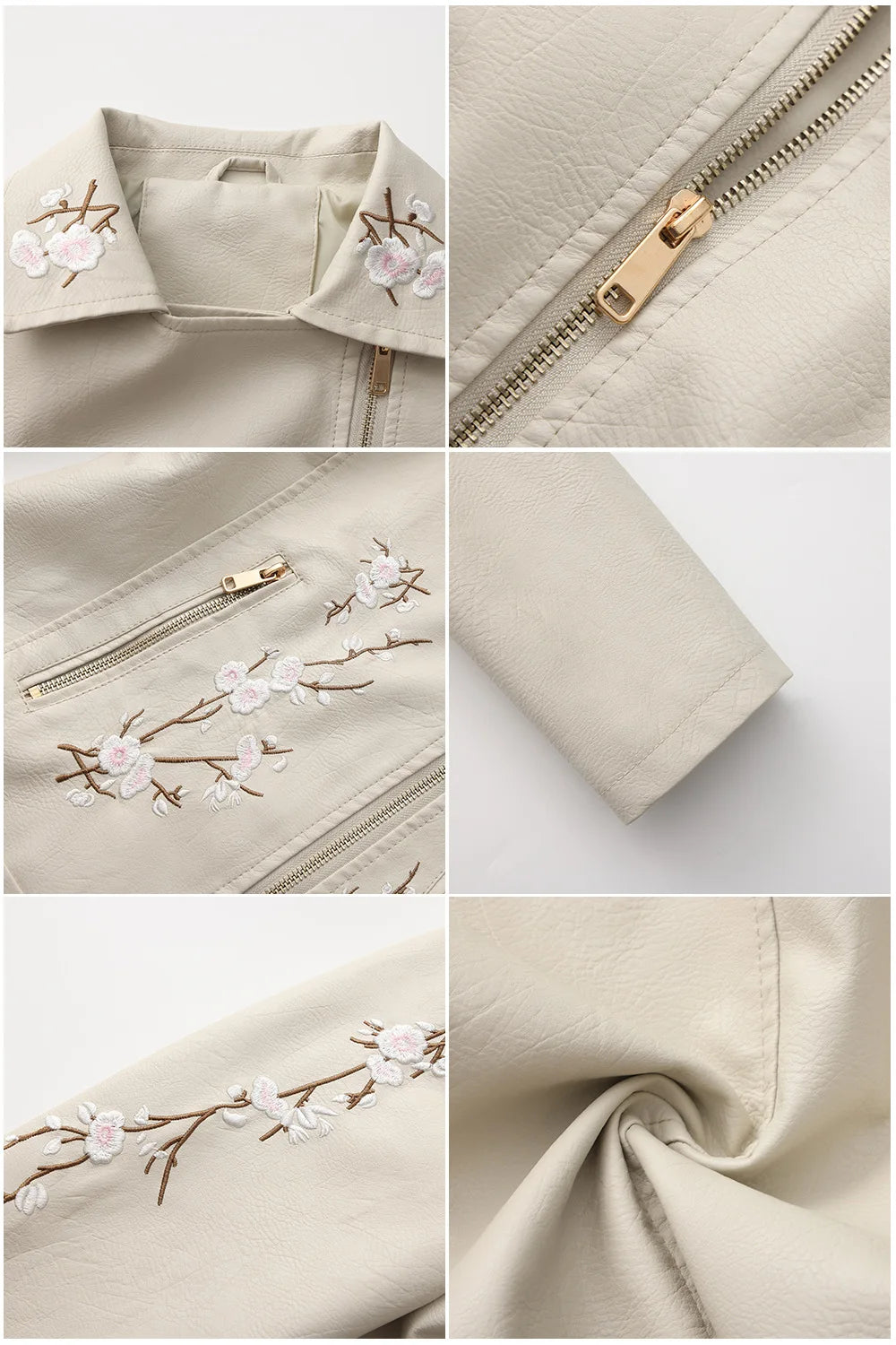 Embroidered Faux Leather Motorcycle Jacket for Women