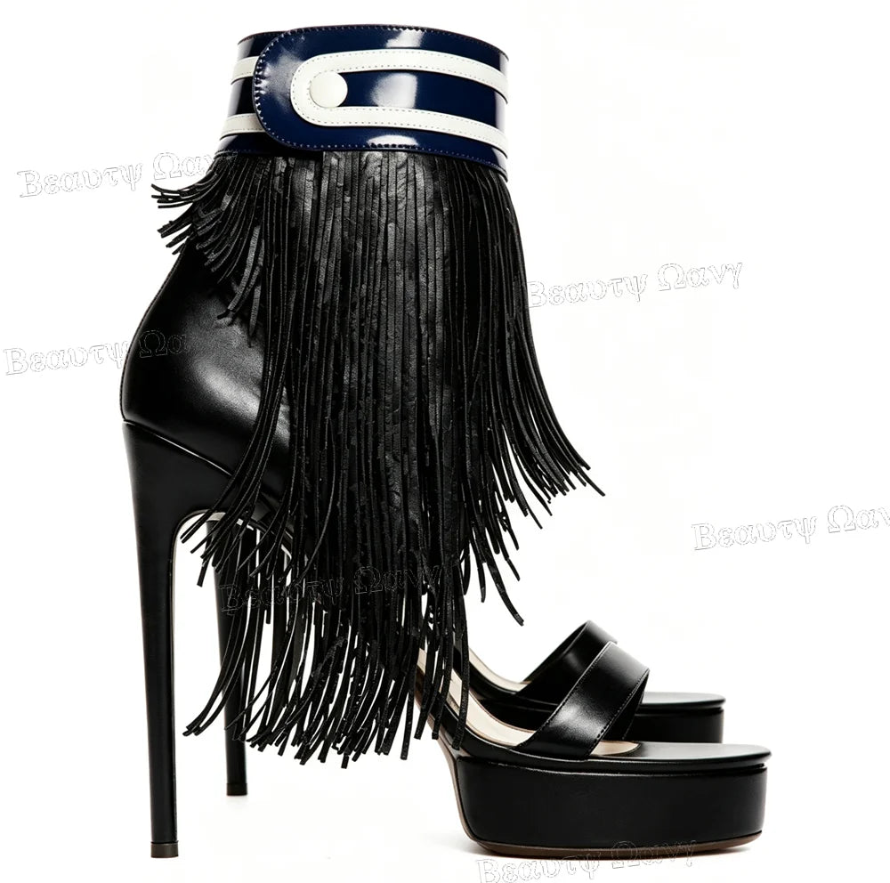Black Fringe Decor Open Round Toe Platform Sandals for Women
