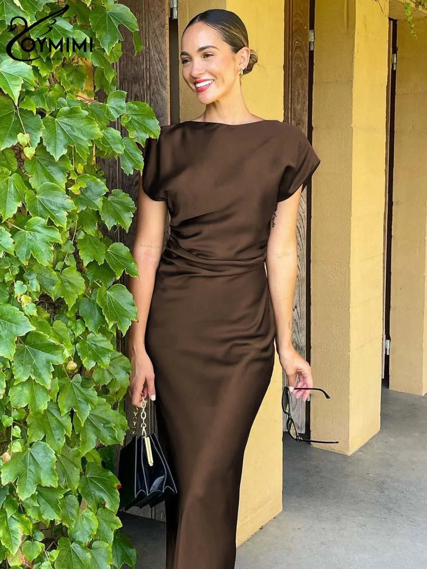 Oymimi Elegant Brown O-Neck Womens Dresses Fashion Short Sleeve Slim Solid Dresses Casual Slim Floor-Length Dress Streetwear