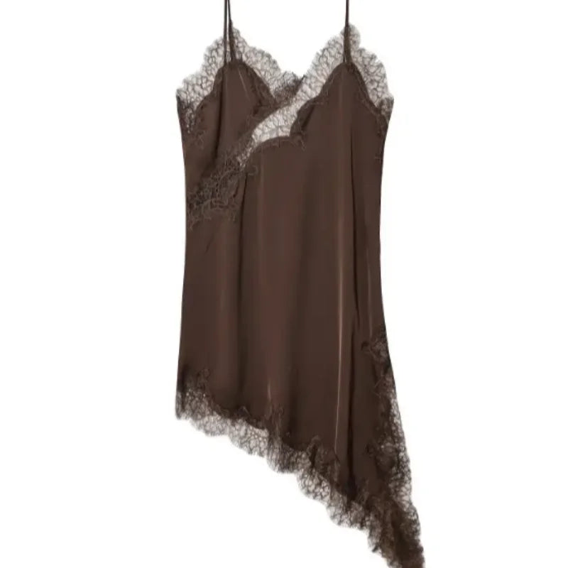 Brown Satin Lace Splicing Sling Dress Women Elegant Irregular Hem V Neck Backless Sleeveless Gown Chic Women Party Club Vestidos