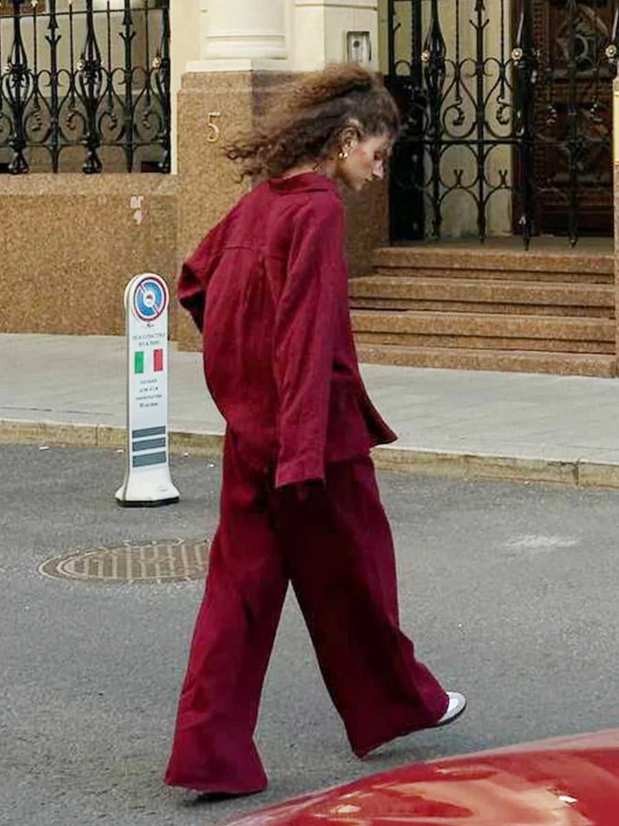 Casual Cotton Shirt and Elastic Waist Pants Set for Women