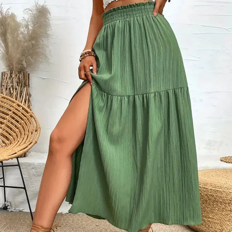 New Women Skirt Fashion Bohemian Midi Skirt High Waist Solid A Line Ruffle Skirt Casual Side Slit Beach Skirts 3 Colors Skort
