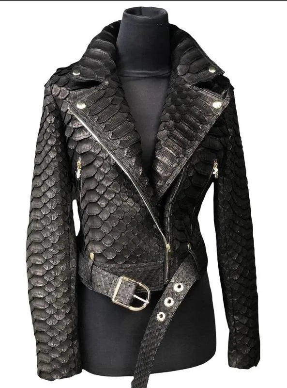 Black Faux Snakeskin PU Leather Zipper Jacket for Women