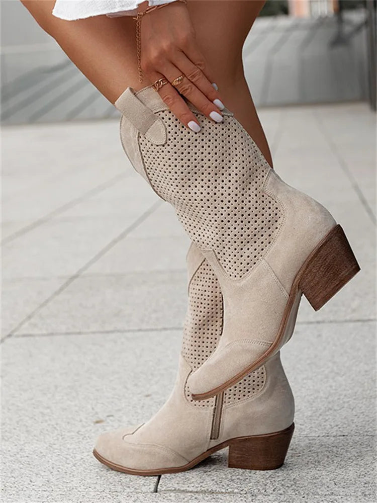Floral Print Suede Round Toe Med Wedge Boot for Women