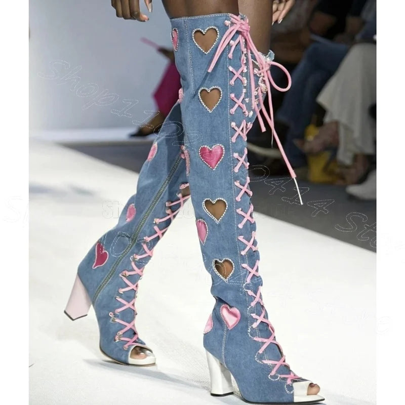 Chunky Heel Pointy Toe Denim Boots With Side Zipper For Women