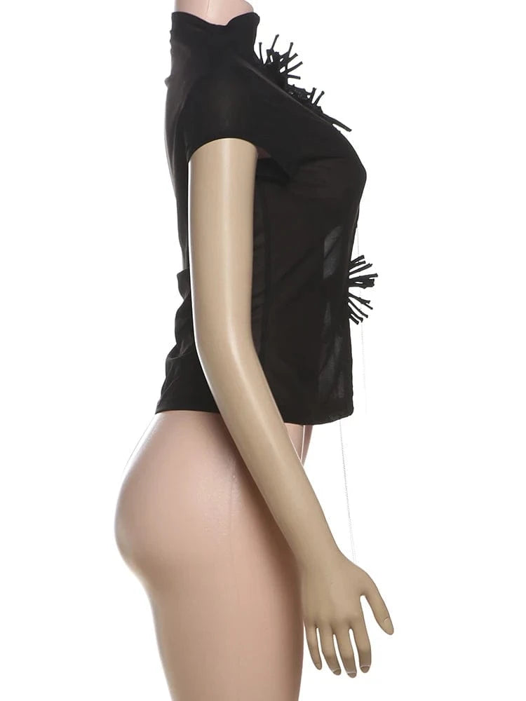 Weird Puss Tassel Applique Crop Tops Women Single-Breasted Half-High Neck Tassel Midnight Hottie Versatile Street Skinny T-Shirt