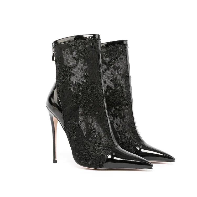 Elegant Black Mesh Stiletto Ankle Boots With Pointy Toe Rear Zipper For Women