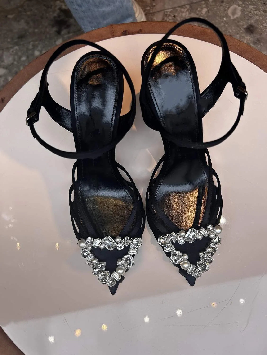 Crystal Heart Buckled Caged Leather Low Heel Pointed Toe Sandals For Women