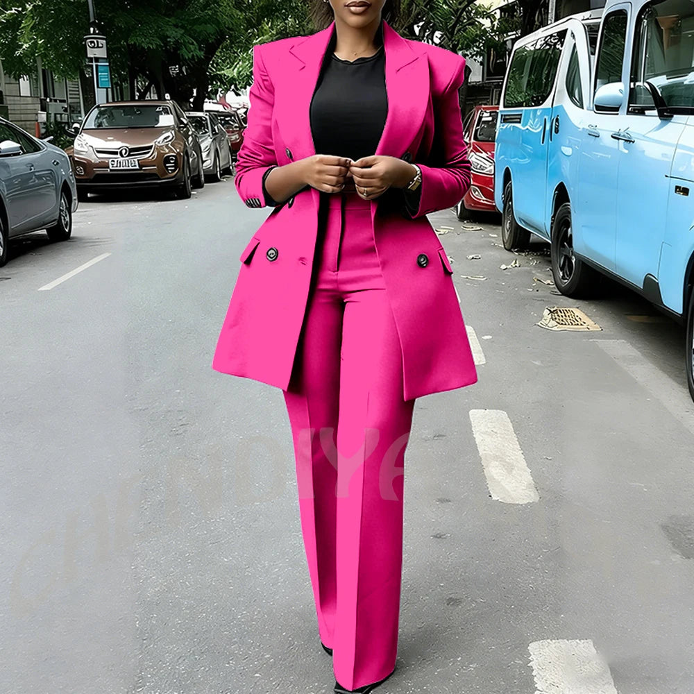 High Quality Women Suits Double Breasted Straight Formal 2 Piece Jacket Pants Peak Lapel High Street Daily Office Casual Suit