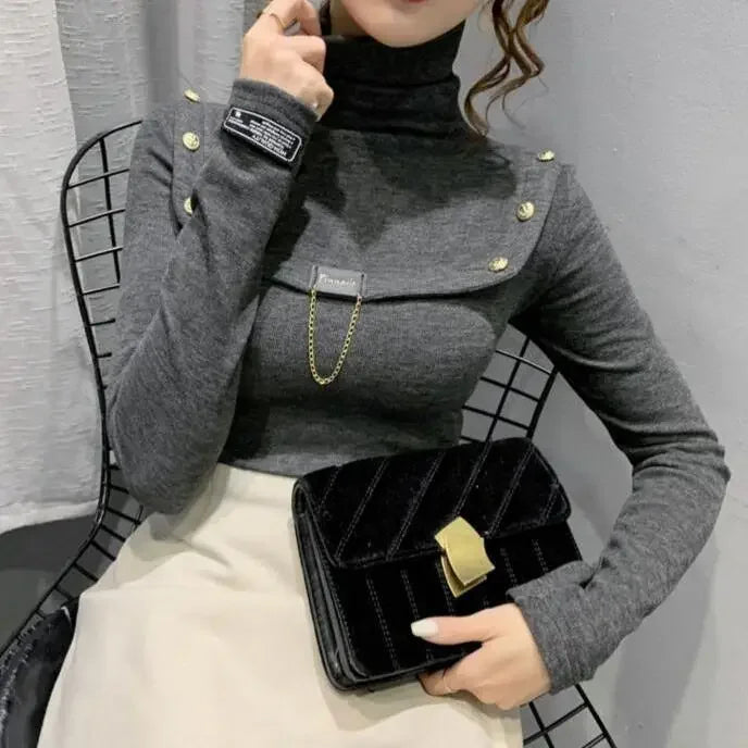 Elegant Button Detail Knit Turtleneck Sweater For Women