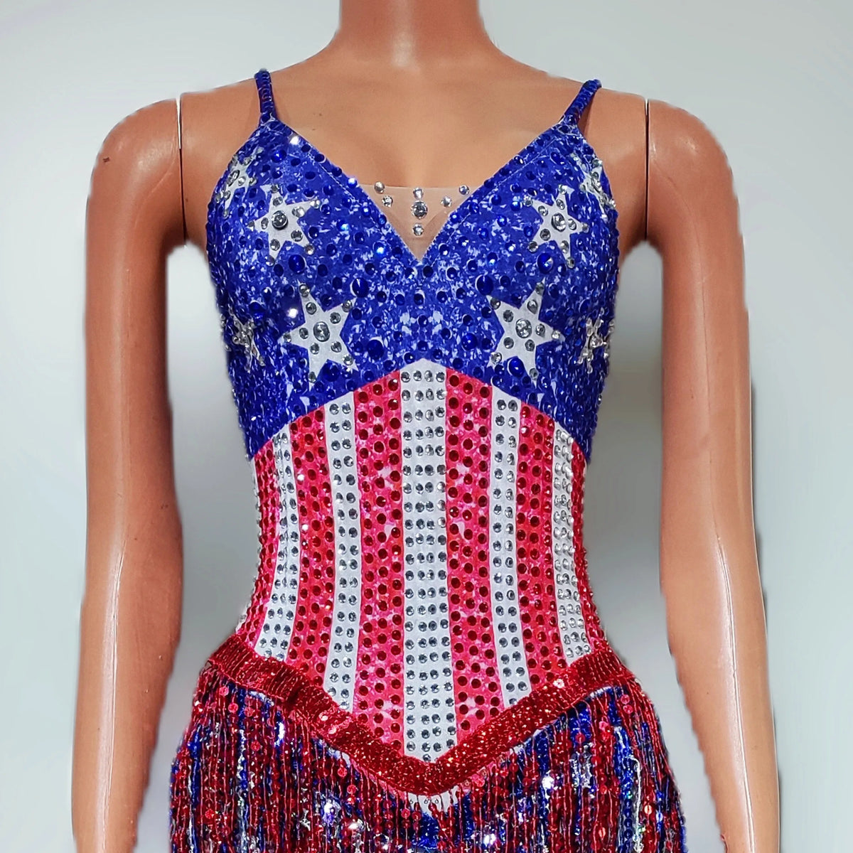 American Flag Crystal Tassel Dance Bodysuit for Women