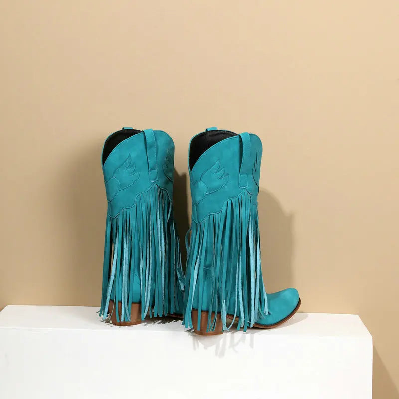 Retro Western Style Mid Calf Boots With Block Heel Tassels For Women