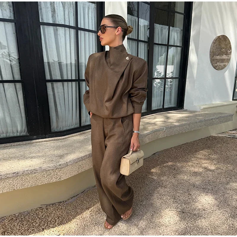 Solid Draped Funnel Neck Long Sleeve Wide Leg Two Piece Set For Women