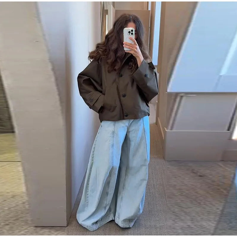 Vintage Single Breasted Women 's Treach Coats Loose Hooded Pockets Full Sleeve Short Jacket Female 2025 Autumn New Lady Outwears