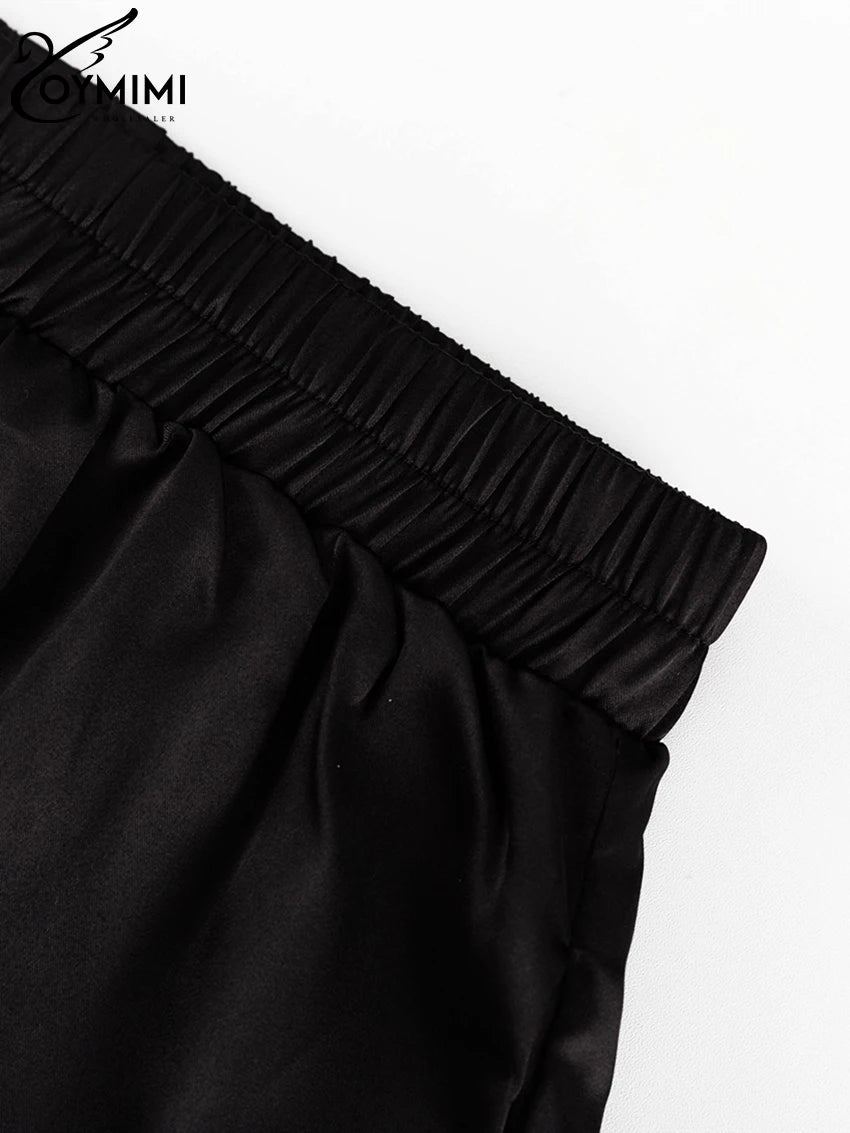 Oymimi Fashion Black Satin Patchwork 2 Piece Set Women Outfit Streetwear Long Sleeve Shirt With High Waist Pant Sets Y2k Clothes