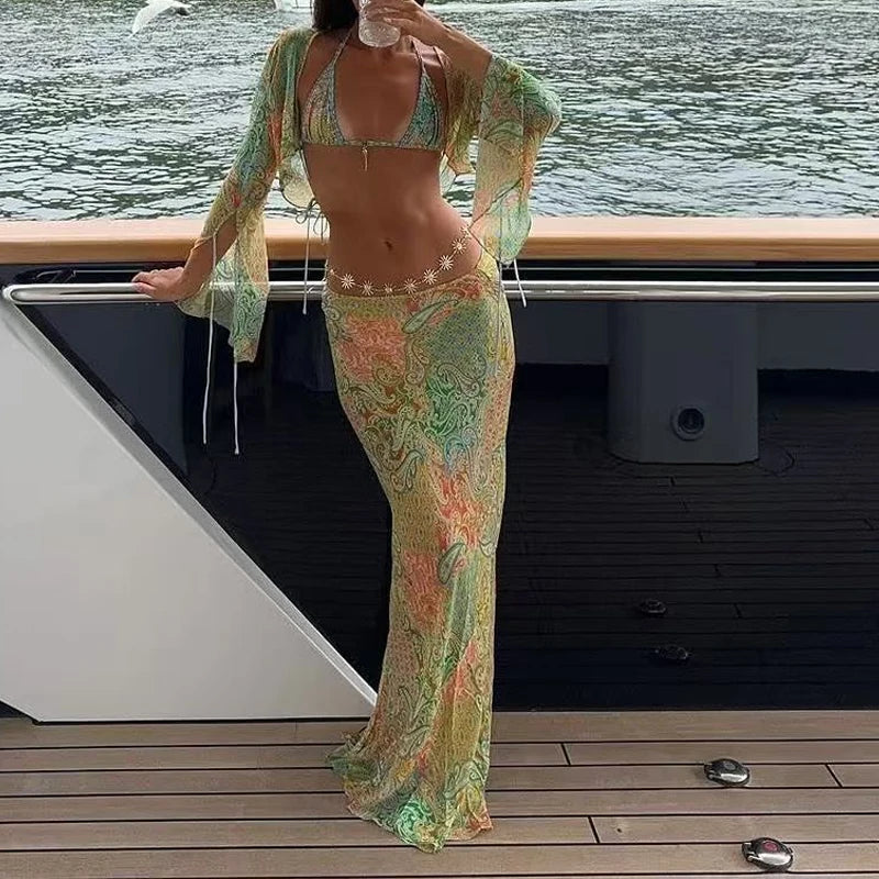 2025 Summer New Printed Slim Bikini Three Piece Set Vacation Casual Long Sleeve Beach Swimsuit Sexy Hollow Tie Up Split Swimwear