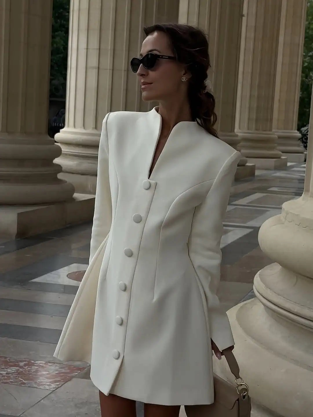 Elegant Stand Collar Mini Dress Women Casual Single Breasted Full Sleeve Cinched-waist Short Dresses Lady Evening Dinner Gowns