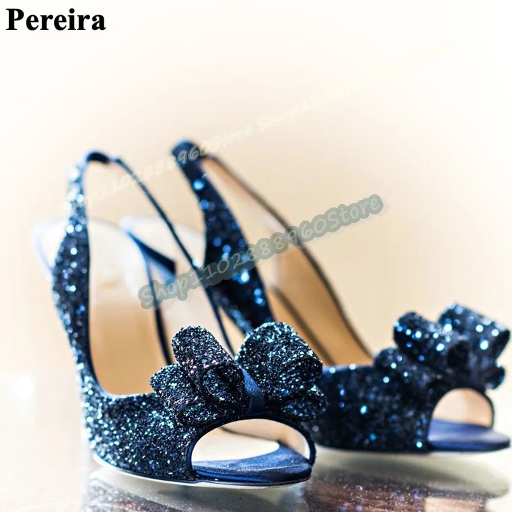 Bling Slingback Dark Blue Glitter Bowknot Sandals Thin High Heel Shoes For Women Back Strap Peep Toe Sparkling Banquet Sandals