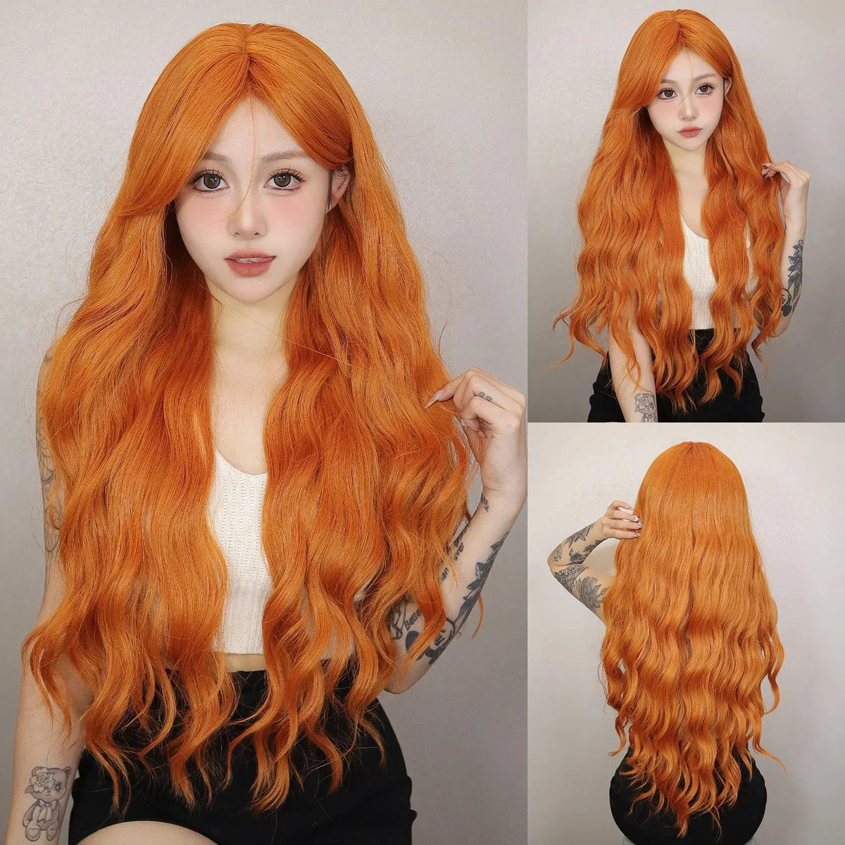Long Water Wave Orange Synthetic Wig With Bangs for Women