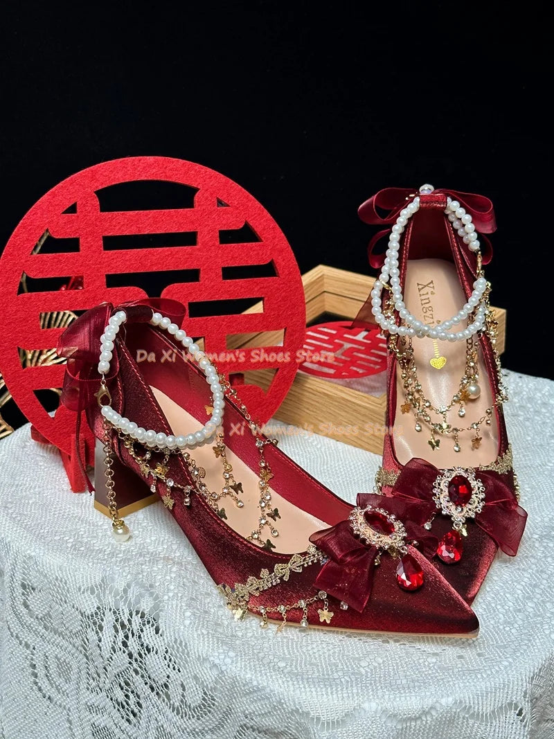 Elegant Pink Bow And Rhinestone Stiletto Wedding Pump For Women