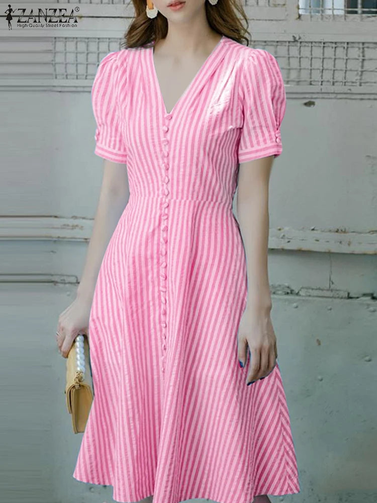 ZANZEA Women Elegant Striped Midi Dresses 2025 Summer Fashion V-Neck Short Puff Sleeve Fitted Waist A-Line Robes Femme Korean