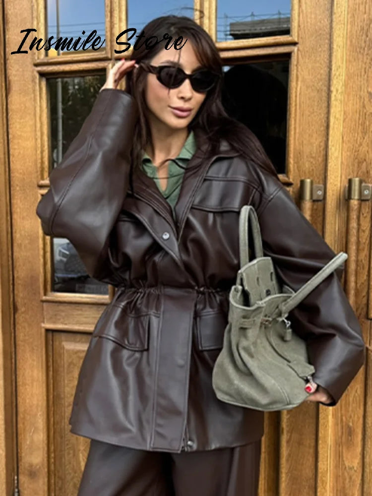 Vintage Cinched Waist Zipper Faux Leather Jacket for Women