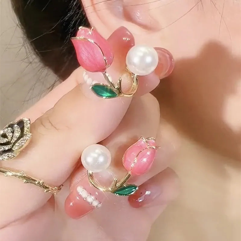Pearl Tulip Enamel Stud Earrings With Zircon Drops for Women
