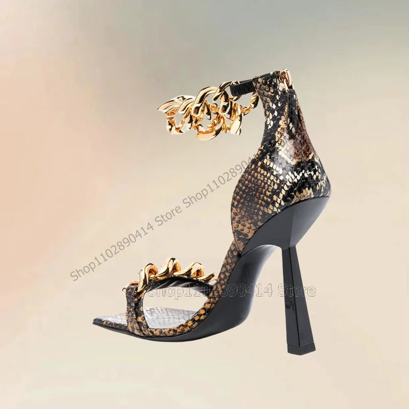 Snakeskin Print Gold Chain Decor Open Toe Sandals for Women