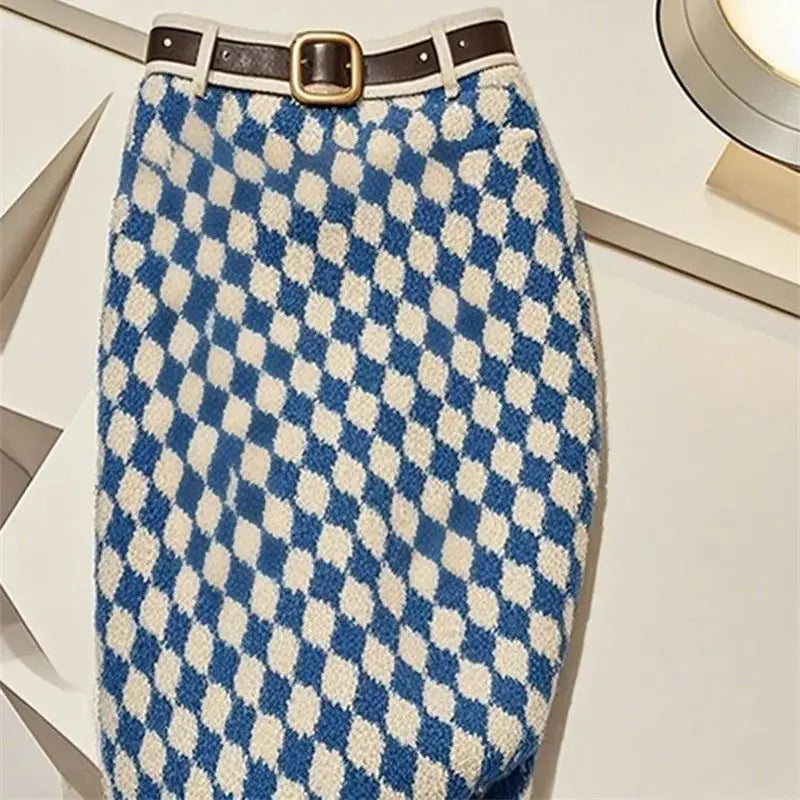 High Waist Knit Plaid Pencil Skirt