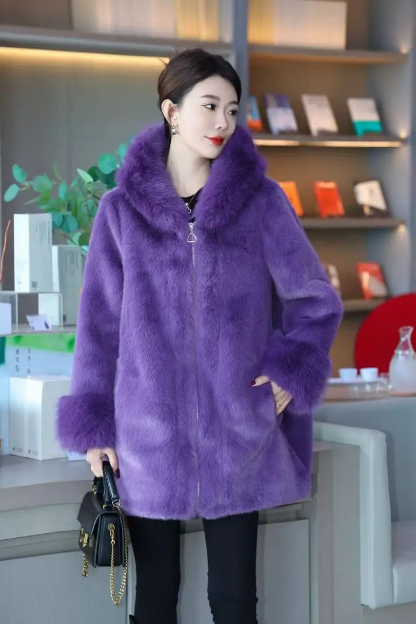Faux Mink Fur Coat for Women,Zippers Jacket,Female Clothes,Fur Collar,Thick Warm,Autumn and Winter,2025