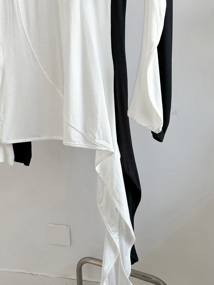 [EAM] Women White Irregular Hem Elegant Long Slim T-shirt New Round Neck Long Sleeve Fashion Tide Spring Autumn 2025 1DJ0097