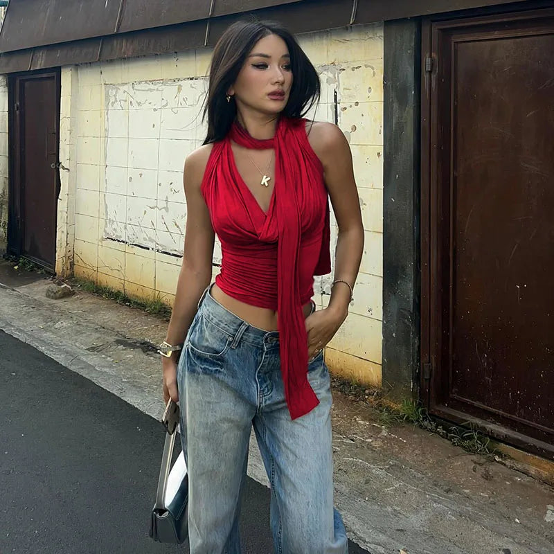 Solid Tank Summer New Women Sexy Sleeveless V-Neck Lady Top Fashion Bandage Streetwear Casual Slim Tank Elegant Knitted Clothing