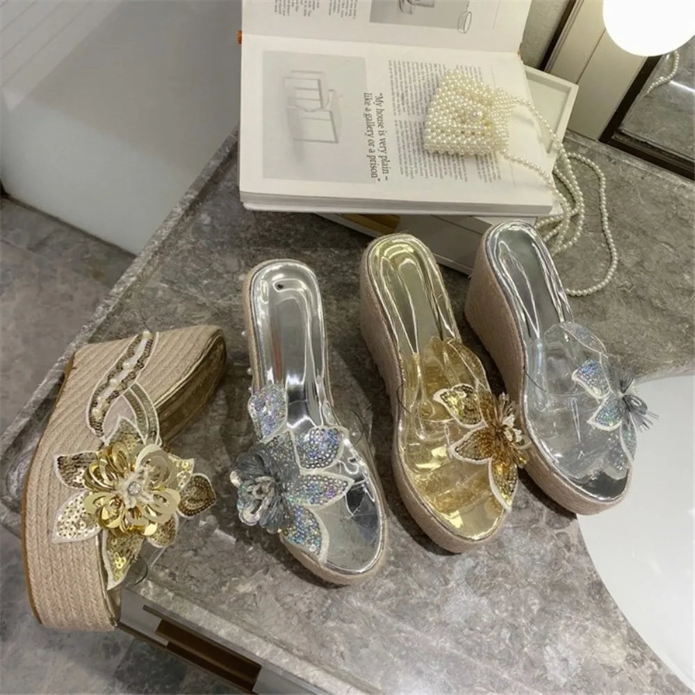 Sequined Flower Design Platform Wedge Sandals for Women
