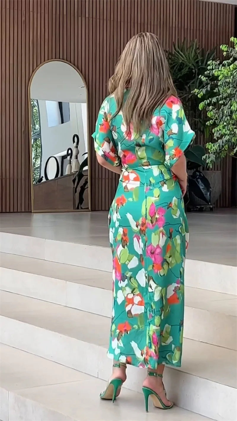Printed Button Front Ankle Length Shirt Dress with Belt for Women
